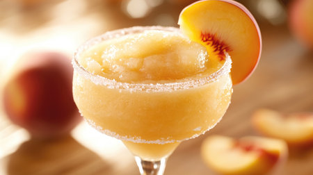 A vibrant frozen peach smoothie served in an elegant glass, garnished with a fresh peach slice. Perfect for hot summer days or festive gatherings.の素材