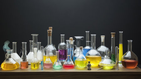 A vibrant array of laboratory glassware showcasing an assortment of colorful chemical solutions. Ideal for educational and scientific themes, this image captures the essence of research and experimentation.の素材
