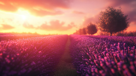 A breathtaking view of a lavender field at sunset, showcasing vibrant purple flowers under a soft, warm light. The scene captures nature's beauty and tranquility.の素材