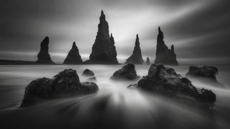 Capture a stunning monochrome view of striking sea stacks rising dramatically from the ocean, surrounded by textured rocks and gentle wave movements.の素材