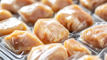 Fresh chicken breast pieces showcased in vacuum-sealed packaging, ideal for culinary needs. Perfectly preserved to maintain flavor and nutrition for various recipes.の素材