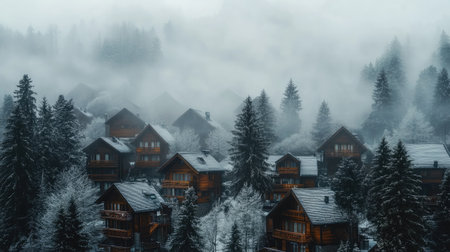 This serene winter landscape features cozy cabins nestled within a misty forest. Snow covers the roofs, creating a tranquil and picturesque retreat in nature.の素材