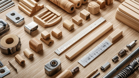 Explore a meticulously arranged collection of wooden crafting tools and accessories ideal for woodworking projects. This image showcases creativity and craftsmanship.の素材
