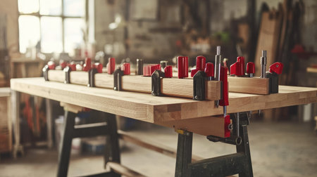 A spacious wooden workbench equipped with red clamps in a well-lit workshop setting. The image showcases a creative environment ideal for woodworking projects.の素材
