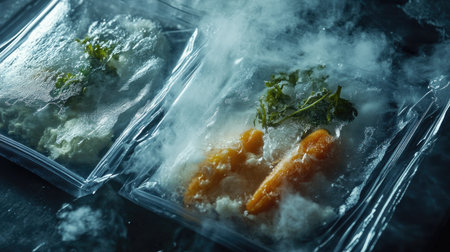 This image captures frozen food packaging displaying ice crystals and fresh ingredients. It showcases vibrant carrots and herbs sealed in a vacuum bag, emphasizing food preservation.の素材