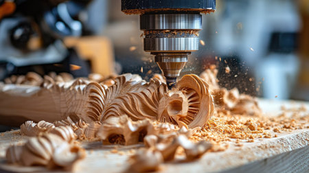 A detailed view of a CNC router carving intricate patterns into wood, showcasing the artistry of craftsmanship and the beauty of fine woodworking.の素材