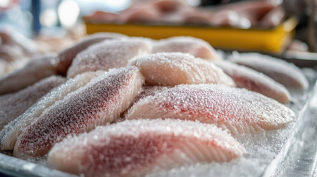 Close-up of fresh fish fillets covered in ice, showcasing their texture and quality. Perfect for culinary uses, these fillets are ideal for healthy meals.の素材