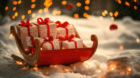 A charming Christmas sleigh filled with beautifully wrapped presents, adorned with red ribbons, set against a snowy backdrop and glowing lights for a festive atmosphere.の素材