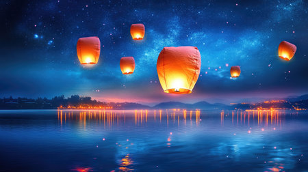 A stunning scene of floating lanterns illuminating the night sky over a tranquil lake. The glowing lights reflect on the water, creating a magical atmosphere.の素材