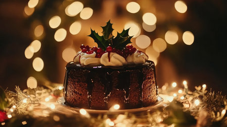 A delightful chocolate cake adorned with holly and berries, set against a backdrop of warm bokeh lights, creating a cozy holiday ambiance perfect for celebrations.の素材