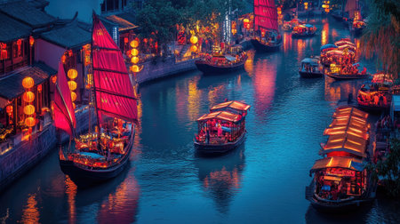 A captivating view of illuminated boats navigating a serene waterway, surrounded by vibrant lanterns and charming architecture. Perfect for travel and cultural themes.の素材