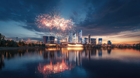 A breathtaking fireworks display lights up a modern city skyline at dusk, reflecting beautifully on the tranquil waterway below, showcasing vibrant colors and urban charm.の素材