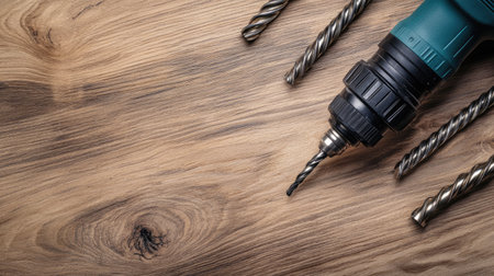 A power drill and metal drill bits are neatly arranged on a wooden surface. Ideal for showcasing tools used in woodworking and DIY projects.の素材
