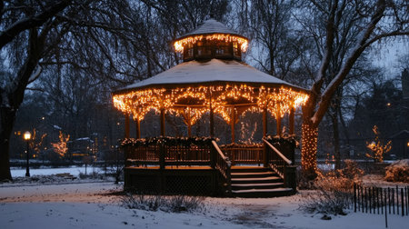 A picturesque gazebo adorned with festive lights creates a magical winter scene. Snow blankets the ground, enhancing the tranquil atmosphere at dusk.の素材