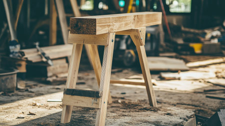 This image showcases a wooden workbench in a rustic workshop, illuminated by natural sunlight. The scene embodies craftsmanship and creativity in a home workspace.の素材