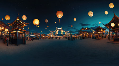 Experience a captivating festival scene at night filled with illuminated lanterns, vibrant colors, and festive architecture, creating a magical atmosphere.の素材