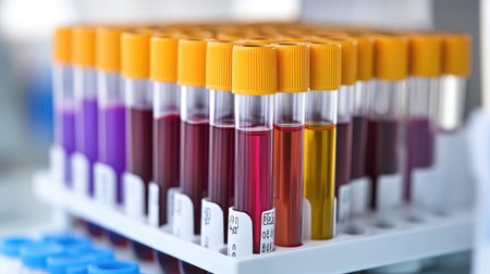 A laboratory rack displays an array of colorful blood samples in test tubes. Each tube holds unique fluid colors, representing various tests for medical analysis and research.の素材