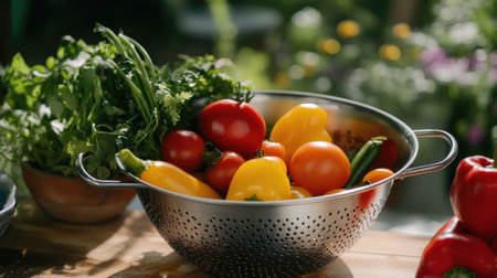 A vibrant collection of fresh vegetables in a colander, featuring colorful peppers and ripe tomatoes. Perfect for culinary inspiration and healthy cooking.の素材
