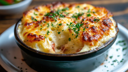 This image showcases a delicious cheesy baked pasta dish topped with a golden crust and fresh herbs. Perfect for comfort food lovers.の素材