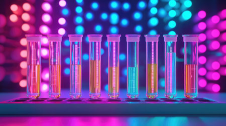 Brightly colored test tubes filled with various liquids stand against a backdrop of vibrant lights, reflecting the wonder of scientific experimentation and discovery.の素材