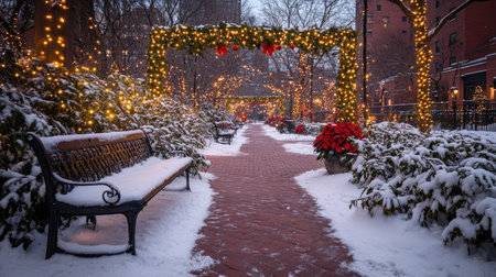 A scenic winter pathway illuminates the evening with twinkling lights and fresh snow, creating a serene atmosphere perfect for leisurely strolls or moments of reflection.の素材
