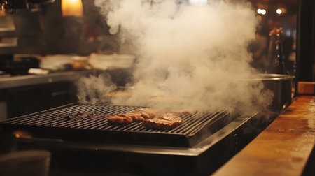 A close-up of grilled meat sizzling on a barbecue, surrounded by a smoky atmosphere, showcasing the delicate cooking process in a vibrant kitchen setting.の素材