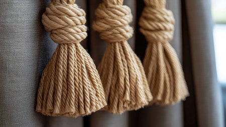 Close-up of natural fiber tassels draping elegantly from stylish curtains, showcasing detailed craftsmanship and warm tones perfect for interior design.の素材