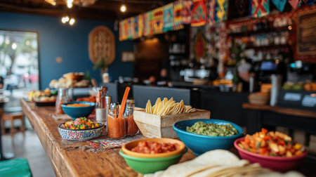 A vibrant interior of a Mexican restaurant showcasing a rich selection of fresh ingredients and colorful decor. Perfect for food and culture enthusiasts.の素材