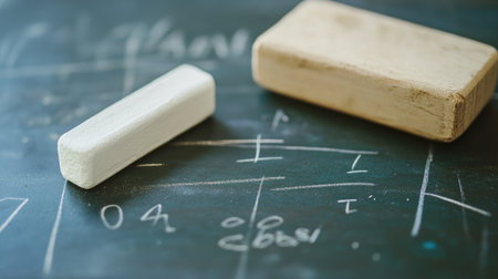 A close-up view of white chalk and a wooden eraser resting on a black chalkboard covered in mathematical equations, symbolizing education and learning.の素材
