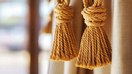 Close-up view of decorative rope tassels hanging from elegant curtains, showcasing intricate details and warm tones that enhance interior aesthetics.の素材