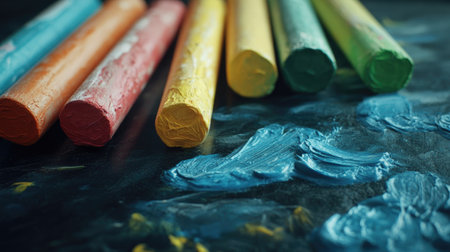 A visually appealing arrangement of vibrant pastel chalks laying beside blue paint strokes on a canvas, showcasing artistic tools and creative expression.の素材