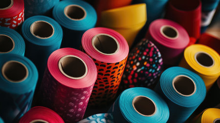 A stunning array of colorful adhesive tape rolls showcasing a variety of fun patterns and vibrant hues in an organized display, perfect for creative projects.の素材