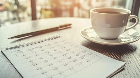 A serene coffee moment showcases a cup of coffee beside a calendar and pen on a wooden table, ideal for illustrating productivity and relaxation in a workspace.の素材