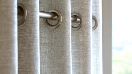 Soft fabric curtains with stylish metal grommets hang gracefully in a bright room, enhancing the natural light while providing privacy and a cozy atmosphere.の素材