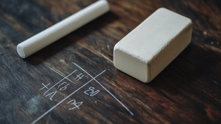 Close-up of a white chalk and eraser placed on a rustic wooden surface, featuring mathematical markings. Ideal for educational themes and classroom settings.の素材