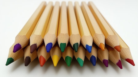 This image showcases a vibrant collection of colored pencils arranged neatly. Each pencil features a unique color tip that enhances creativity and artistic expression. Perfect for education, crafting, and artistic projects.の素材