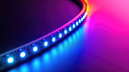 A dynamic view of a colorful LED strip light glowing on a dark surface, showcasing vivid hues and creating a modern, vibrant atmosphere perfect for creative projects.の素材