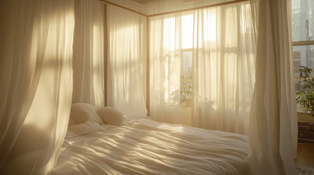 A bright and airy bedroom featuring soft drapes that filter warm sunlight. The serene setting includes a cozy bed and a touch of nature with plants. Ideal for relaxation.の素材