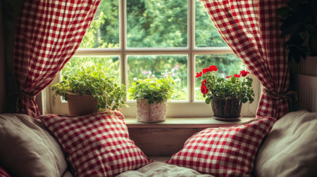 This cozy window scene features checkered curtains and vibrant potted plants, creating a warm and inviting atmosphere filled with natural light and greenery.の素材