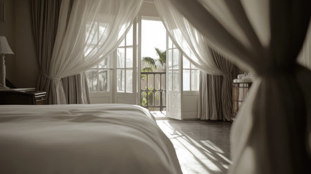 A serene bedroom scene featuring bright sunlight streaming through elegant curtains, illuminating a cozy space with a charming view of nature.の素材