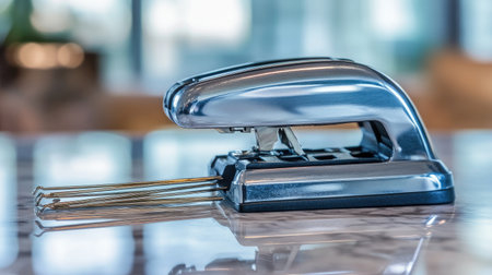 A vintage metal stapler rests on a marble surface in a modern office setting. This close-up captures the sleek design and functionality of essential office equipment.の素材