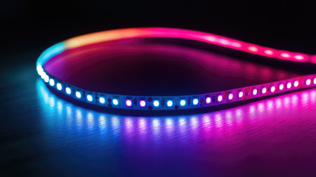 A vibrant LED strip showcasing colorful lighting against a dark surface, perfect for modern decor, creative projects, or enhancing any atmosphere with its mesmerizing glow.の素材