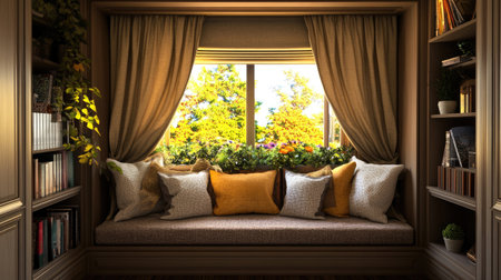 A cozy reading nook featuring soft cushions by a large window, basking in natural light. Lush greenery and colorful flowers create a tranquil and inviting space.の素材
