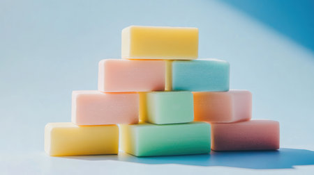 A visually appealing arrangement of colorful soap bars stacked creatively. This image represents cleanliness and aesthetics, perfect for wellness and craft projects.の素材