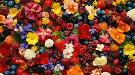A stunning display of assorted fruits and edible flowers creates a vibrant visual feast. Perfect for showcasing nature's beauty and culinary art.の素材