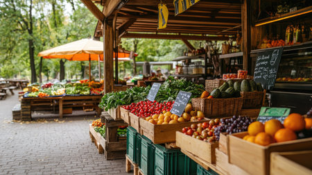 A vibrant outdoor market scene featuring fresh organic produce. Colorful fruits and vegetables are displayed in wooden crates, creating an inviting atmosphere for shoppers.の素材