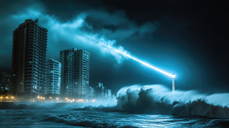 A dramatic nighttime scene captures a lighthouse powerfully illuminating stormy waves crashing against urban buildings. The vibrant light beam contrasts with the dark sky.の素材