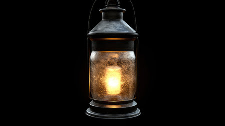 A vintage lantern emits a warm golden glow, illuminating its rustic glass and metal design. The black background enhances its inviting atmosphere, perfect for cozy settings.の素材