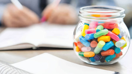 A clear glass jar filled with vibrant markers captures attention. The blurred background suggests an active writing scene, highlighting creativity and organization in study or work environments.の素材