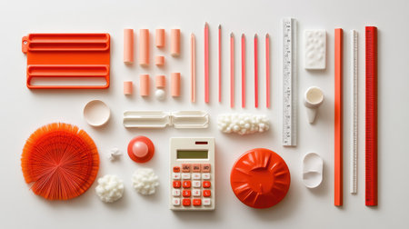 A vibrant and artistic arrangement of red-toned stationery and office supplies, including a calculator, pencils, and various accessories, perfect for creative projects.の素材